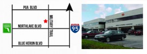 Picture of outside of office and map of the office's location on Military trail street between PGA Blvd and Northlake Blvd